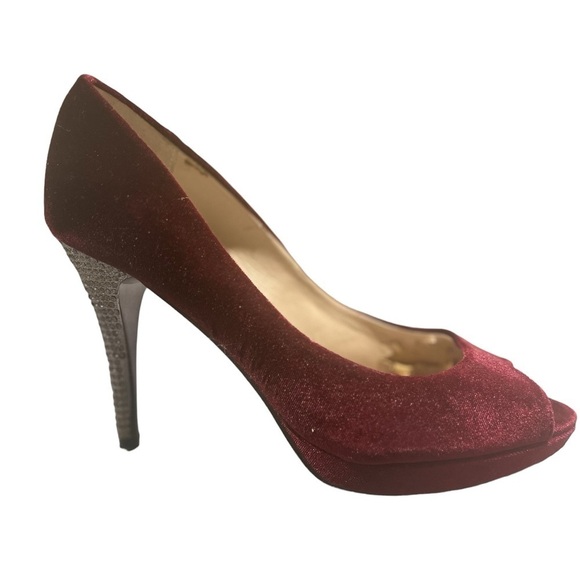 Nina New York Red Maroon Velvet Peep Toe Jeweled High Heel Pump Size 7M Formal - Picture 3 of 13